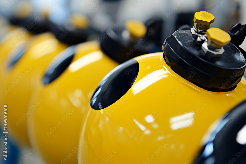 Poster spherical gas containers in yellow and black color arrangement generative ai