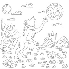 Obraz premium A solitary wolf howling at the full moon under a starry night sky illustration with a simple and cartoonish style.