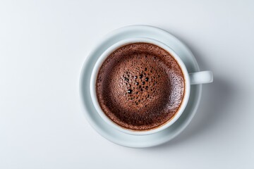 Fototapeta premium Overhead shot of hot chocolate in white cup and saucer on clean white background studio lighting simple scene