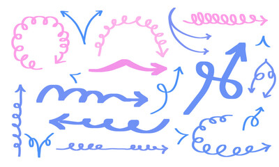 Blue and pink marker arrow sketches collection - hand drawn doodle style pointers