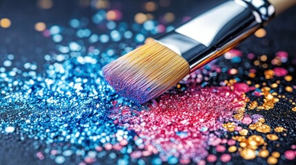 Fototapeta premium Colorful cosmetic brush on vibrant glitter