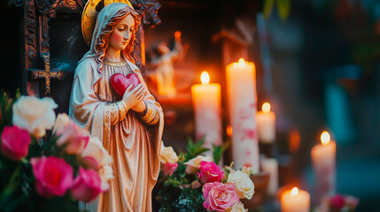 Virgin mary statue holding a heart surrounded by flowers and lit candles in a dark setting
