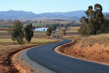 A newly paved road winding through a rural landscape