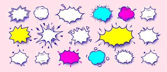 Blank comic speech bubbles in retro pop art style. Colorful cartoon shapes for text, jokes, emotions, design elements in comics, memes, stickers. Vector illustration.