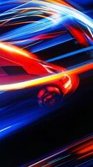 A blurry image of a car driving down a road. The car is red and is in the middle of the road