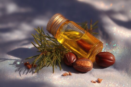 Still life of shea nuts and oil bottle on shimmering fabric, close-up shot for natural beauty and skincare product promotion