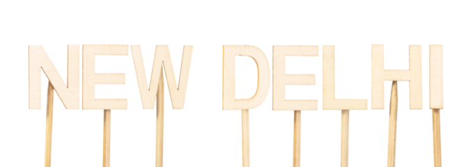 Text forming New Delhi, capital of India, in large, clear wooden letters