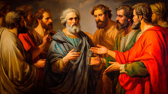 A painting of saint peter holding a key surrounded by a group of men in colorful robes art