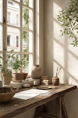 Peaceful Coworking Corner Cozy Indoor Workspace with Natural Light and Minimalist Decor