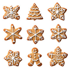 Set of Christmas gingerbread cookies including stars, snowflakes and gingerbread man isolated on white transparent background