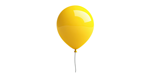 Bright yellow party balloon floating with ribbon  isolated on white transparent background