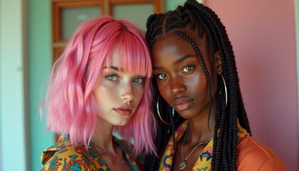 Obraz premium Lesbian couple sharing loving moment during Pride Month, symbolizing love, equality, and LGBTQ+ representation. Ideal for social campaigns, diversity-focused content, and inclusivity messaging.