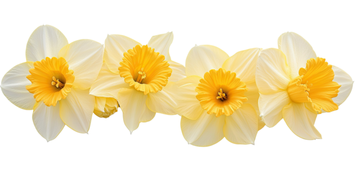 Four spring narcissus daffodils with yellow centers arranged in line isolated on white transparent background