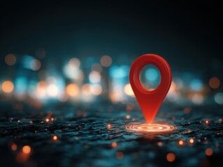 Red location pin marking position on abstract dark surface with glowing circles and bokeh lights in background