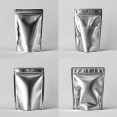 Four Silver Foil Stand Up Pouches Mockup on White Background Studio Shot Packaging Design Template