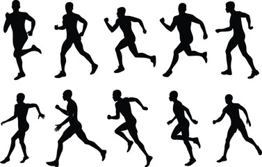 Human running silhouette set on white background, collection of human running various position vector