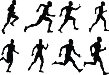 Human running silhouette set on white background, collection of human running various position vector