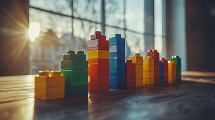 Colorful plastic blocks arranged in a cityscape design on a wooden table