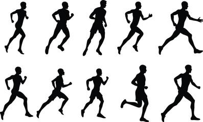 Human running silhouette set on white background, collection of human running various position vector