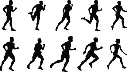 Human running silhouette set on white background, collection of human running various position vector