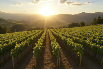 Beautiful vineyard landscape at sunset, showcasing rows of grapevines stretching towards horizon. warm sunlight casts golden hue over lush green leaves, creating serene and picturesque scene