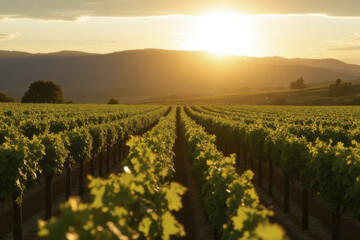Beautiful vineyard landscape sunset, showcasing rows of lush green grapevines stretching towards horizon. warm golden light creates serene and tranquil atmosphere, perfect for wine lovers