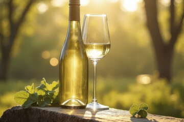 Bottle of white wine and glass of wine are elegantly placed on wooden surface, surrounded by green leaves. warm sunlight creates serene and inviting atmosphere, perfect for relaxation