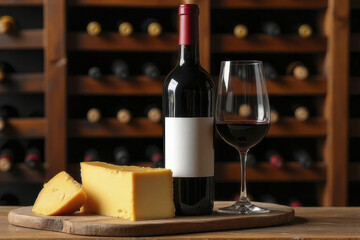 Bottle of red wine, glass of red wine, and block of yellow cheese are elegantly arranged wooden board, set against backdrop of wine cellar filled with bottles. This composition evokes sense