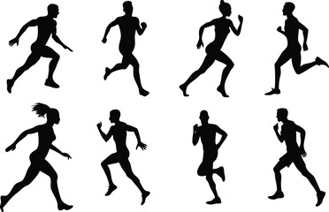 Human running silhouette set on white background, collection of human running various position vector