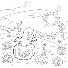 Halloween scene featuring a cartoon ghost emerging from a carved pumpkin amidst a festive landscape with pumpkins and sun