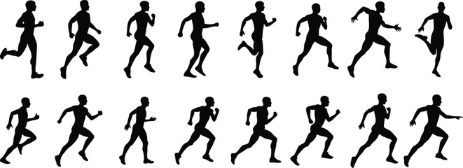Human running silhouette set on white background, collection of human running various position vector