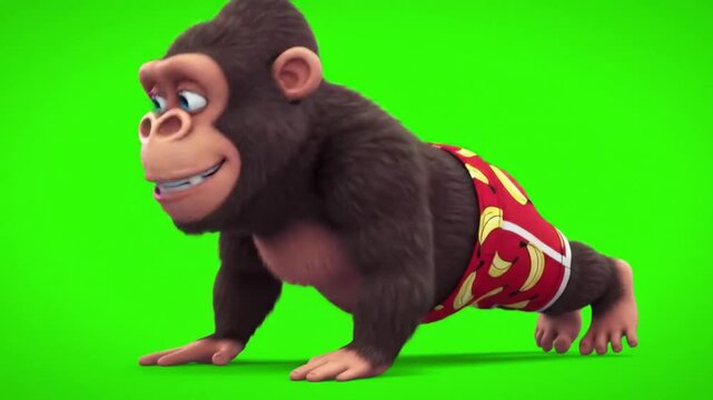 Cartoon Exercise : A Cartoon ape performing pushups on green screen background with banana patterned shorts animation, Generative AI