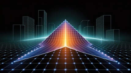 Naklejka premium Futuristic Digital Landscape with Geometric Light Pyramid