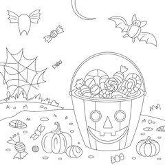 Halloween themed illustration with a jack o lantern candy bucket surrounded by sweets pumpkins a bat and other classic elements