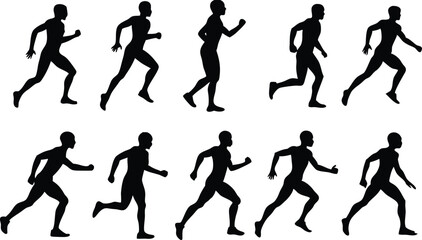 Human running silhouette set on white background, collection of human running various position vector
