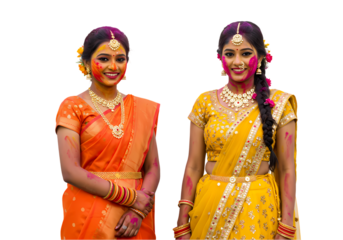 Indian Wedding Bridesmaids Stunning Yellow  Orange Sarees isolated on transparent background