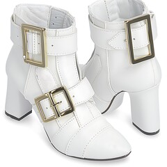 Elegant White Leather Boots with Golden Buckles, Fashionable Footwear