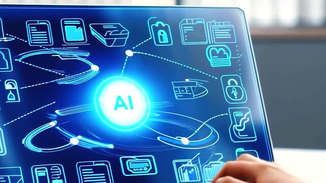 hand holding smartphone with social network, AI hologram screen animation