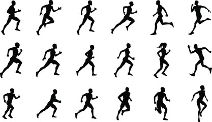 Human running silhouette set on white background, collection of human running various position vector