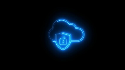 Neon glowing cloud security icon with shield and lock, data protection concept, safe cloud storage, cybersecurity, digital privacy, online information safety, technology background