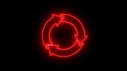 neon red recycle loop icon with circular arrows, sustainability and eco concept, refresh update symbol, renewable cycle, environment conservation, process workflow sign on black background