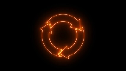 neon brown recycle loop icon with circular arrows, sustainability and eco concept, refresh update symbol, renewable cycle, environment conservation, process workflow sign on black background