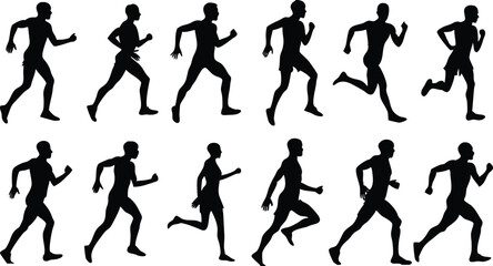 Human running silhouette set on white background, collection of human running various position vector