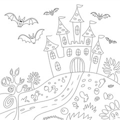 Line art illustration of a spooky cartoon castle on a hill with bats flying around for halloween coloring activities.
