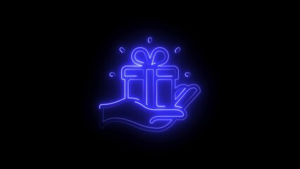 Neon Gift Box in Hand Glowing Present Icon on Black Background, Futuristic Holiday Celebration Concept,