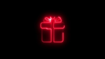 Neon Gift Box Icon on Black Background