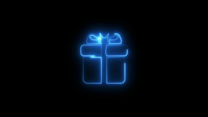 Neon Gift Box Icon on Black Background