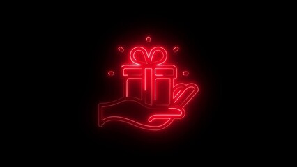 Neon Gift Box in Hand Glowing Present Icon on Black Background, Futuristic Holiday Celebration Concept,