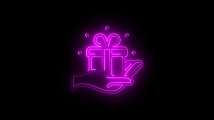 Neon Gift Box in Hand Glowing Present Icon on Black Background, Futuristic Holiday Celebration Concept,