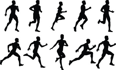 Human running silhouette set on white background, collection of human running various position vector